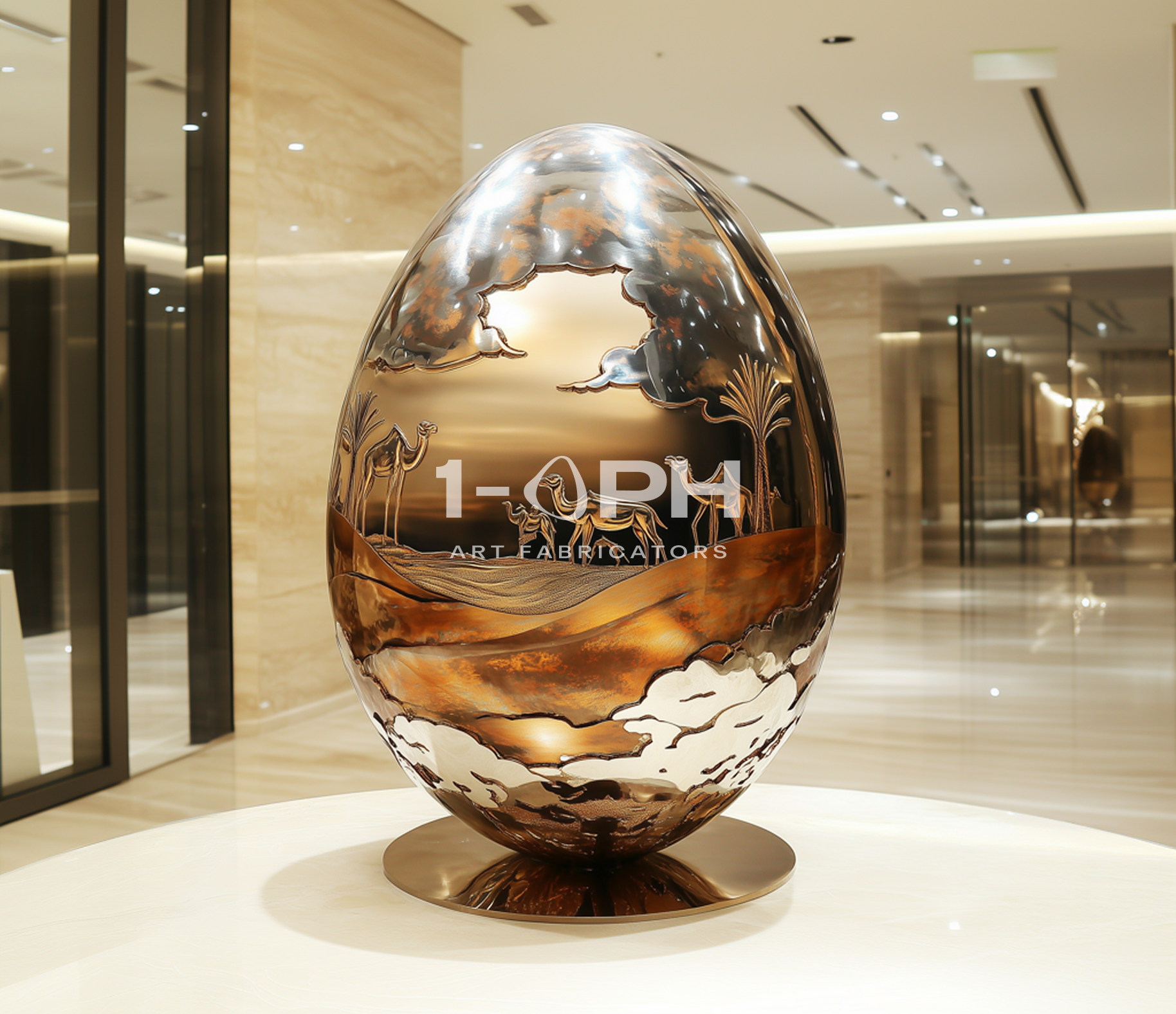 Desert Reverie — Engraved Stainless Steel Egg Sculpture