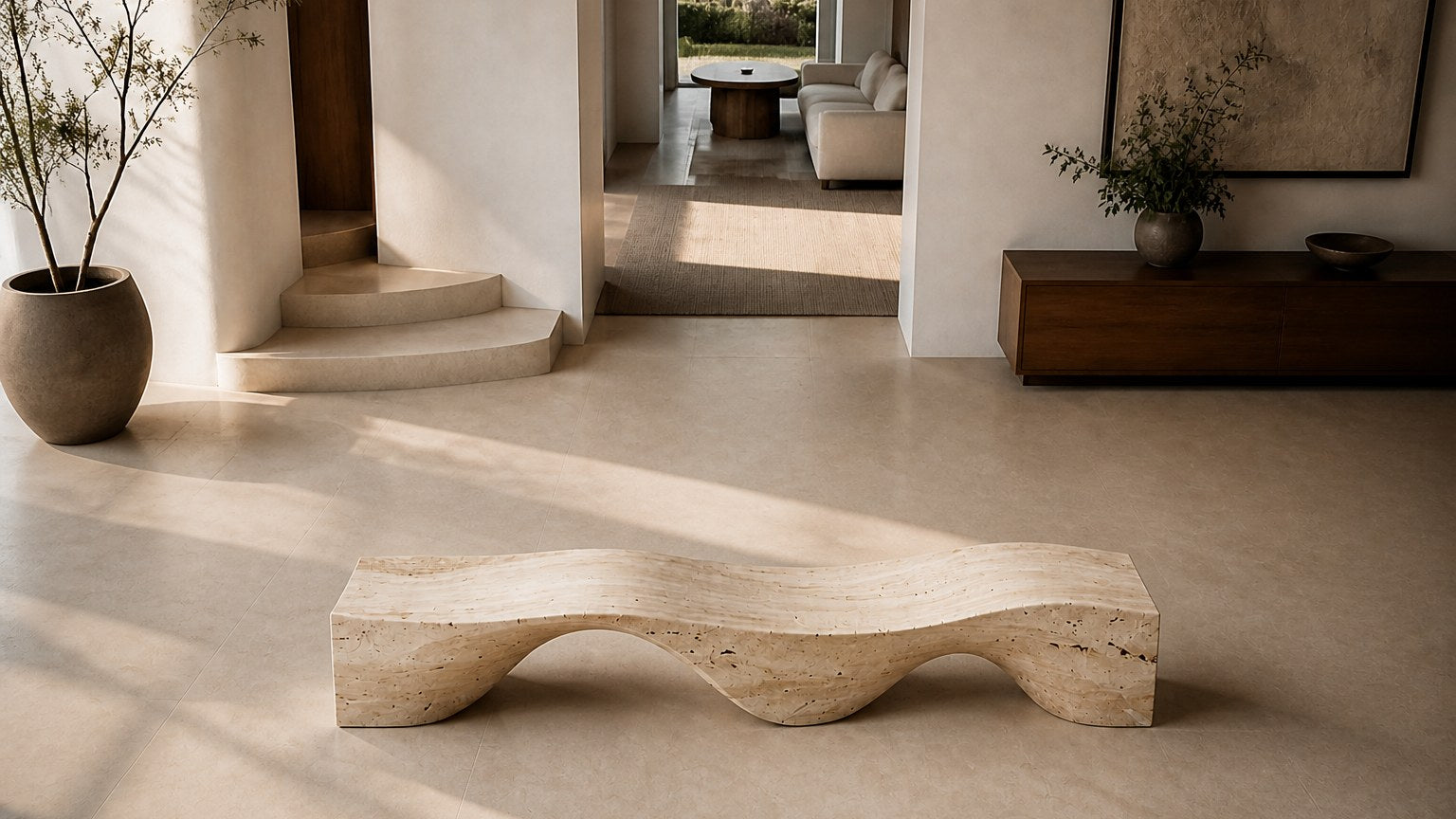 Travertine bench Hudu 180, warm cream with open pitting, on a pale stone floor.