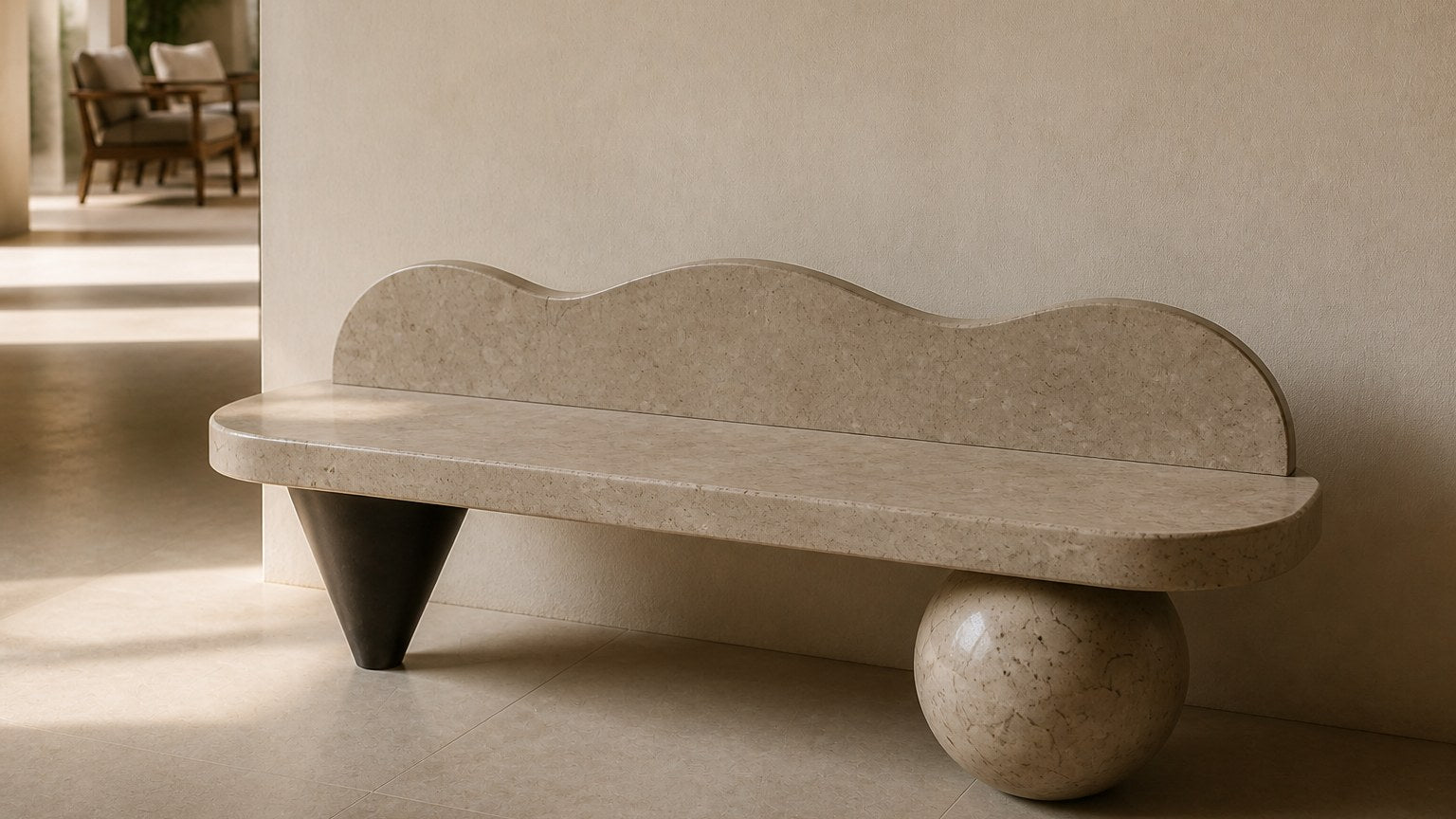 Cream stone bench Quieto 180, warm cream, blackened cone, on a pale stone floor.