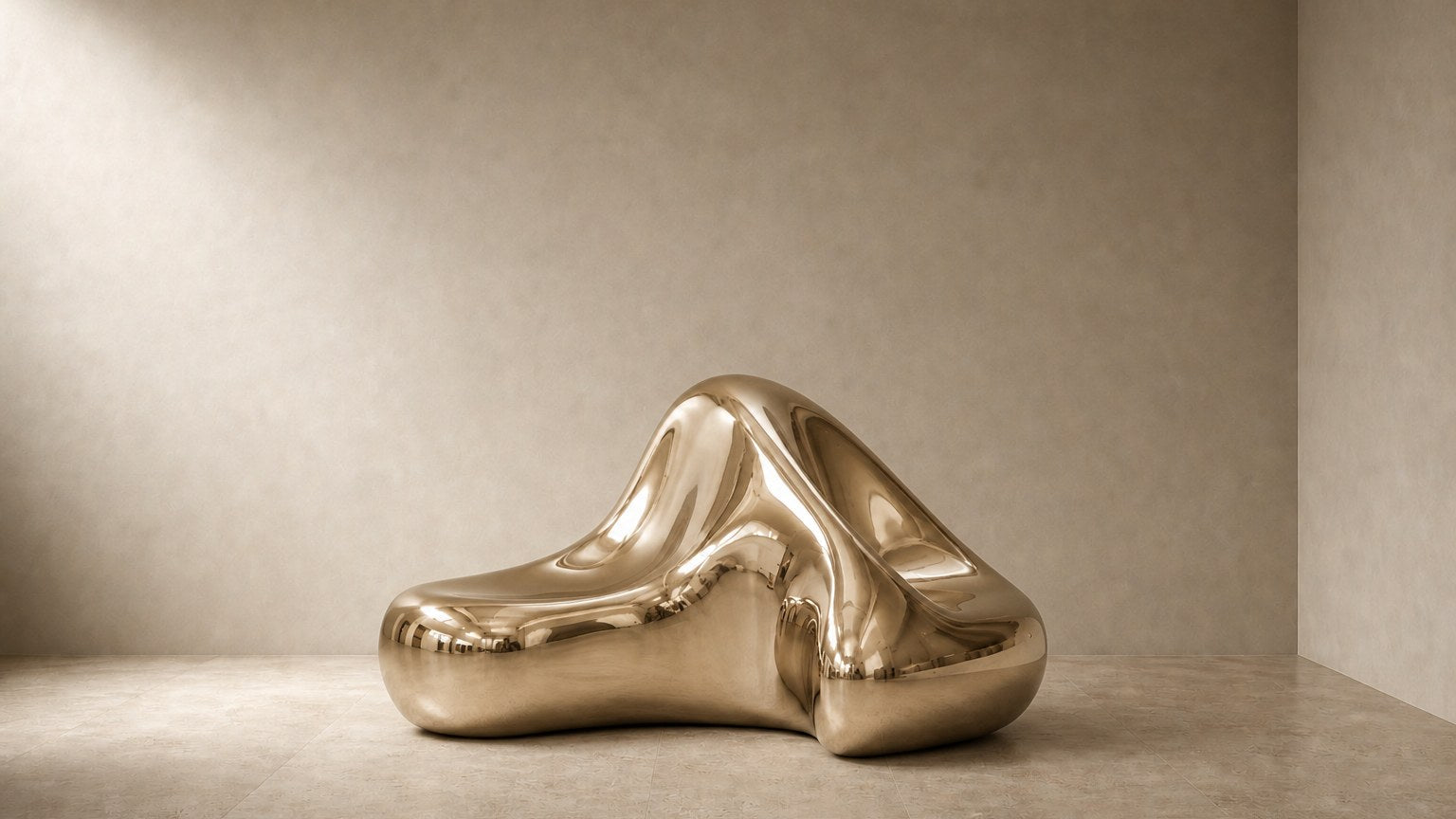 Bronze bench Raha 150, warm polished bronze, on a pale stone floor.