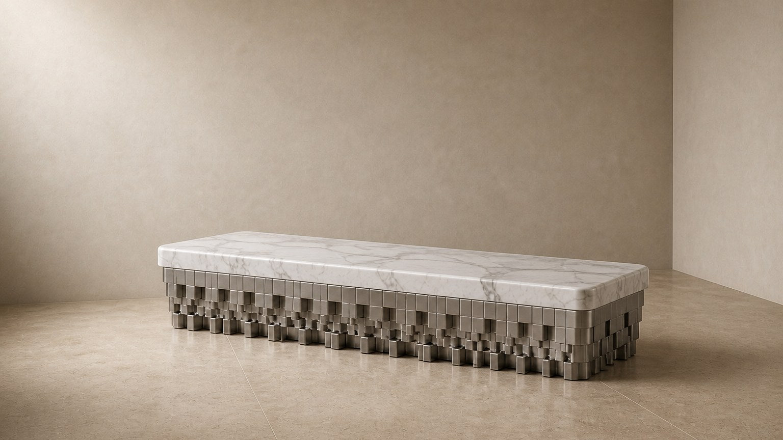 White marble bench Sabat 180, white with grey veining, pale base, on a pale stone floor.