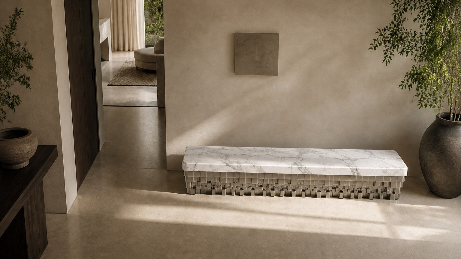 White marble bench Sabat 180, white with grey veining, pale base, on a pale stone floor.