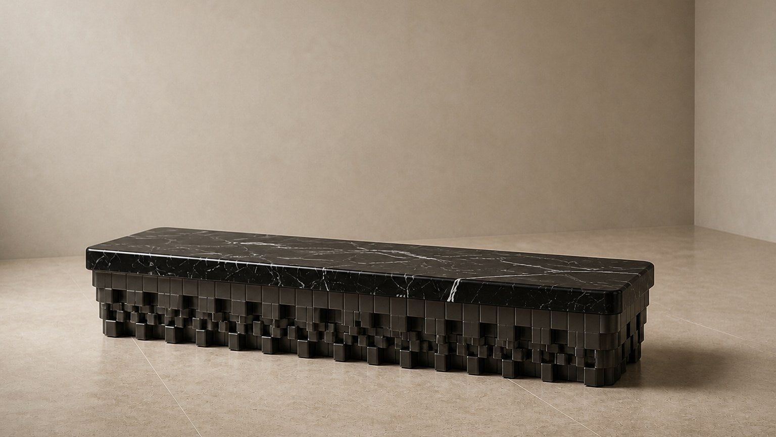 Black marble bench Samt 180, deep black with white veining, on a pale stone floor.