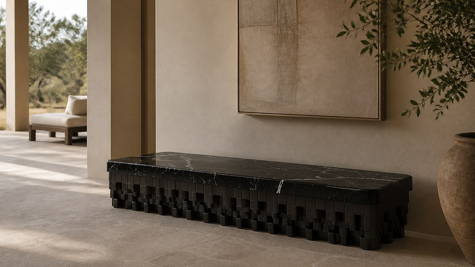 Black marble bench Samt 180, deep black with white veining, on a pale stone floor.