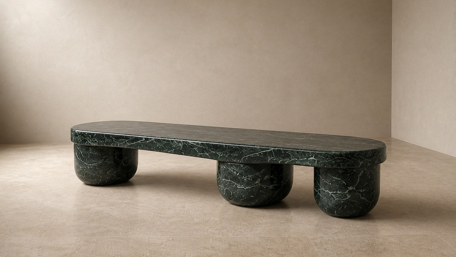 Green marble bench Serena 180, deep green with white veining, on a pale stone floor.