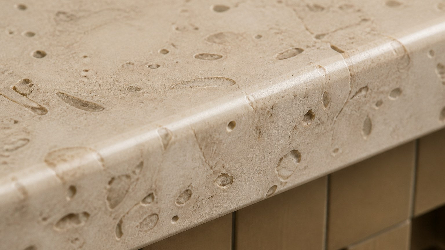Travertine bench Sukoon 180, warm cream seat, olive-bronze base, on a pale stone floor.