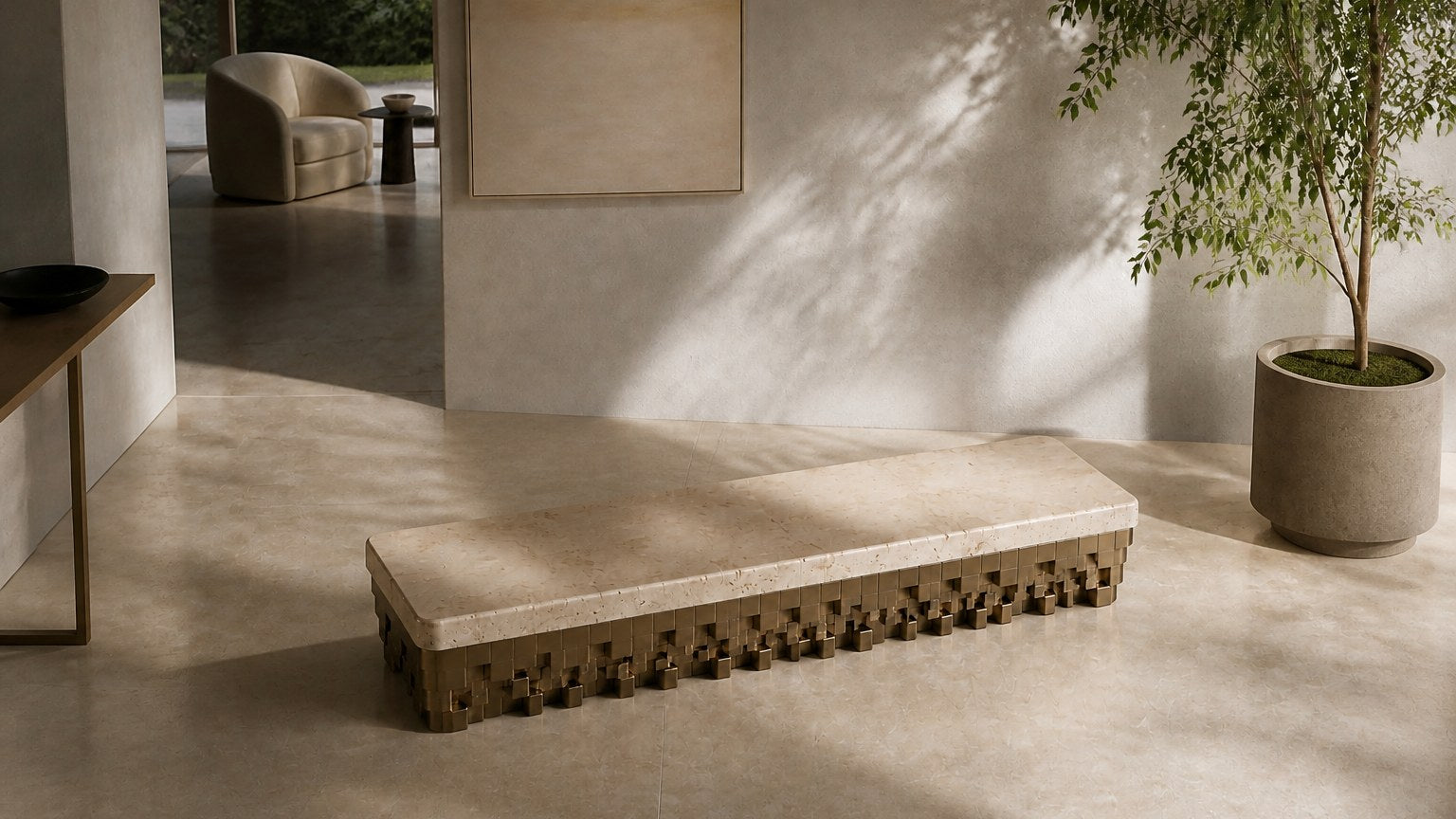 Travertine bench Sukoon 180, warm cream seat, olive-bronze base, on a pale stone floor.