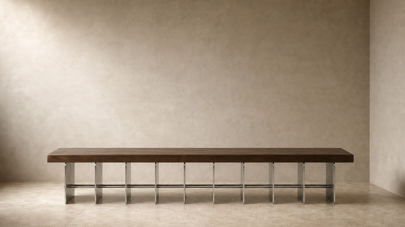 Timber and steel bench Tomari 240, dark walnut seat, brushed steel legs, on a pale stone floor.