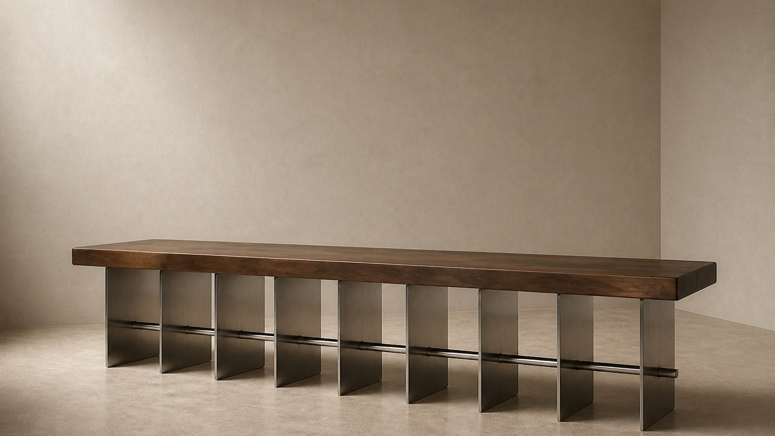 Timber and steel bench Tomari 240, dark walnut seat, brushed steel legs, on a pale stone floor.