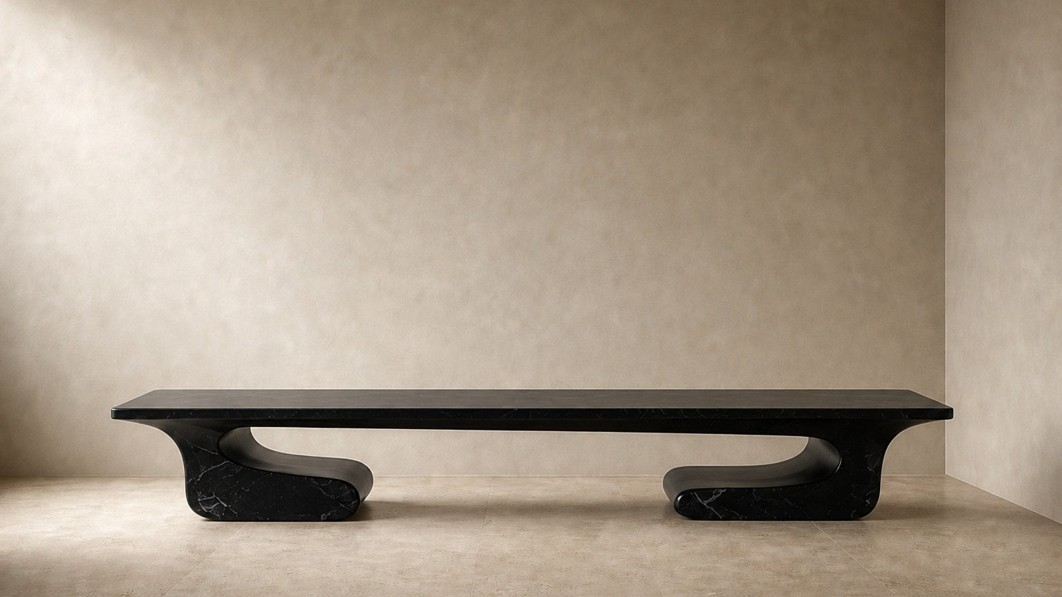 Black stone bench Yutori 180, deep black with white veining, on a pale stone floor.