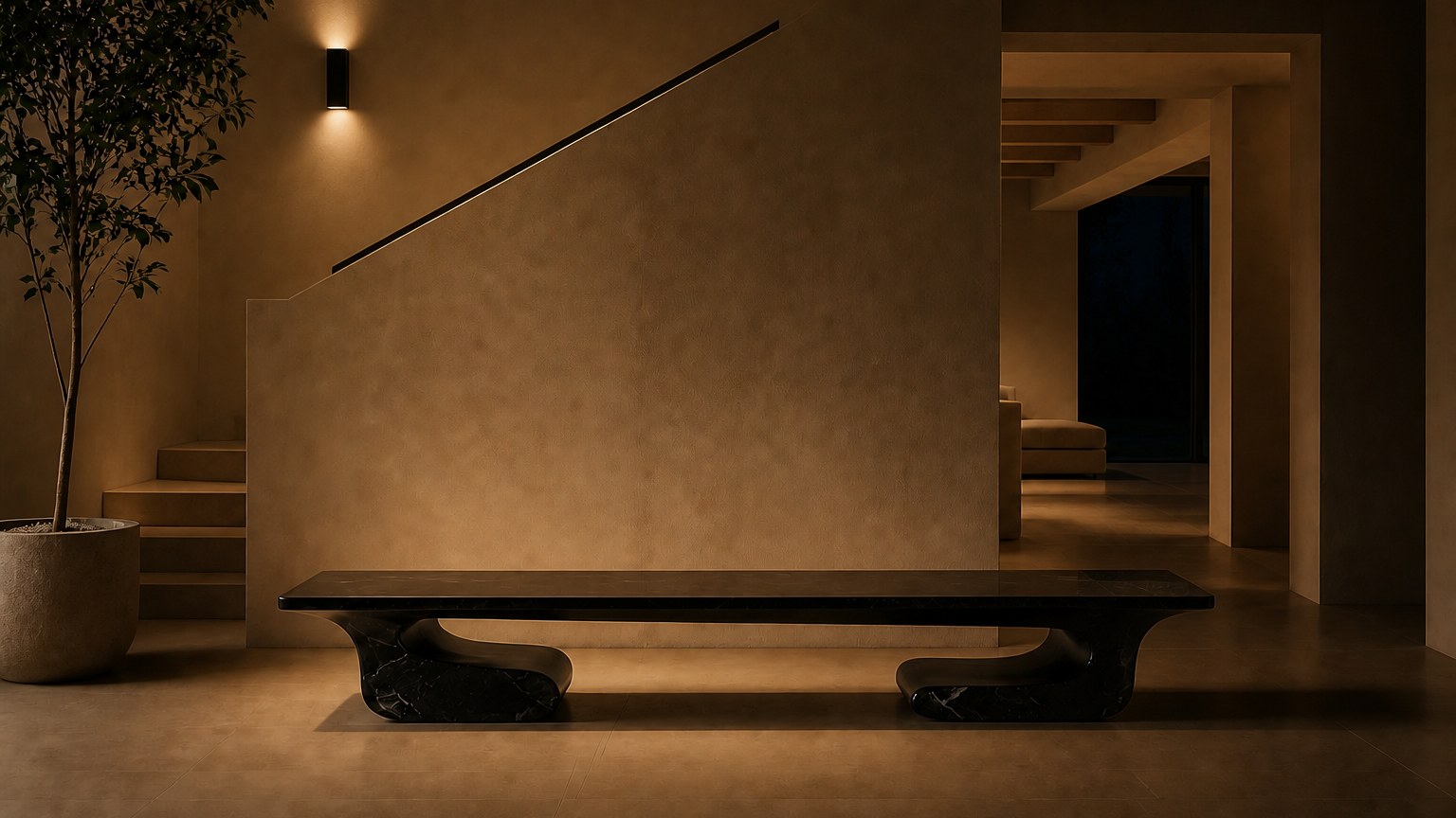Black stone bench Yutori 180, deep black with white veining, on a pale stone floor.
