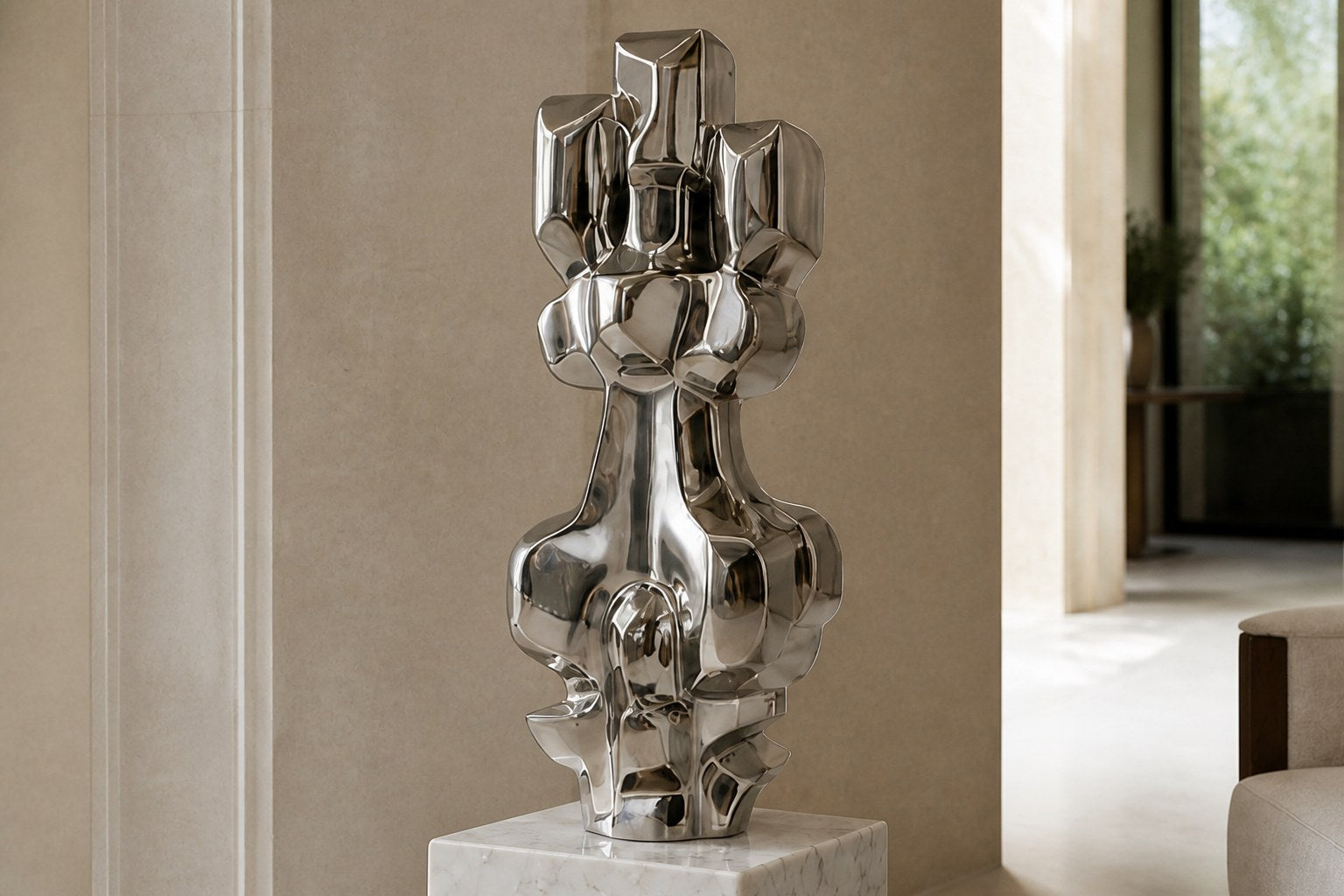 Mirror-polished stainless steel sculpture Alkaid, a column of stacked interlocking blocks, on a white marble cube plinth.