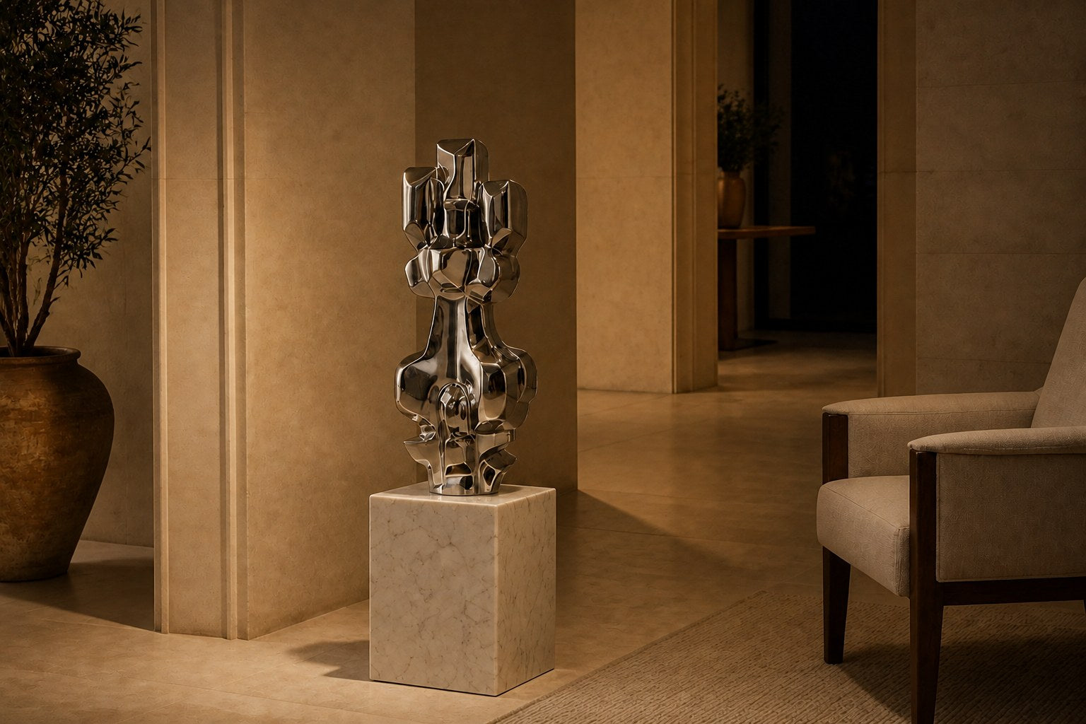 Mirror-polished stainless steel sculpture Alkaid, a column of stacked interlocking blocks, on a white marble cube plinth.