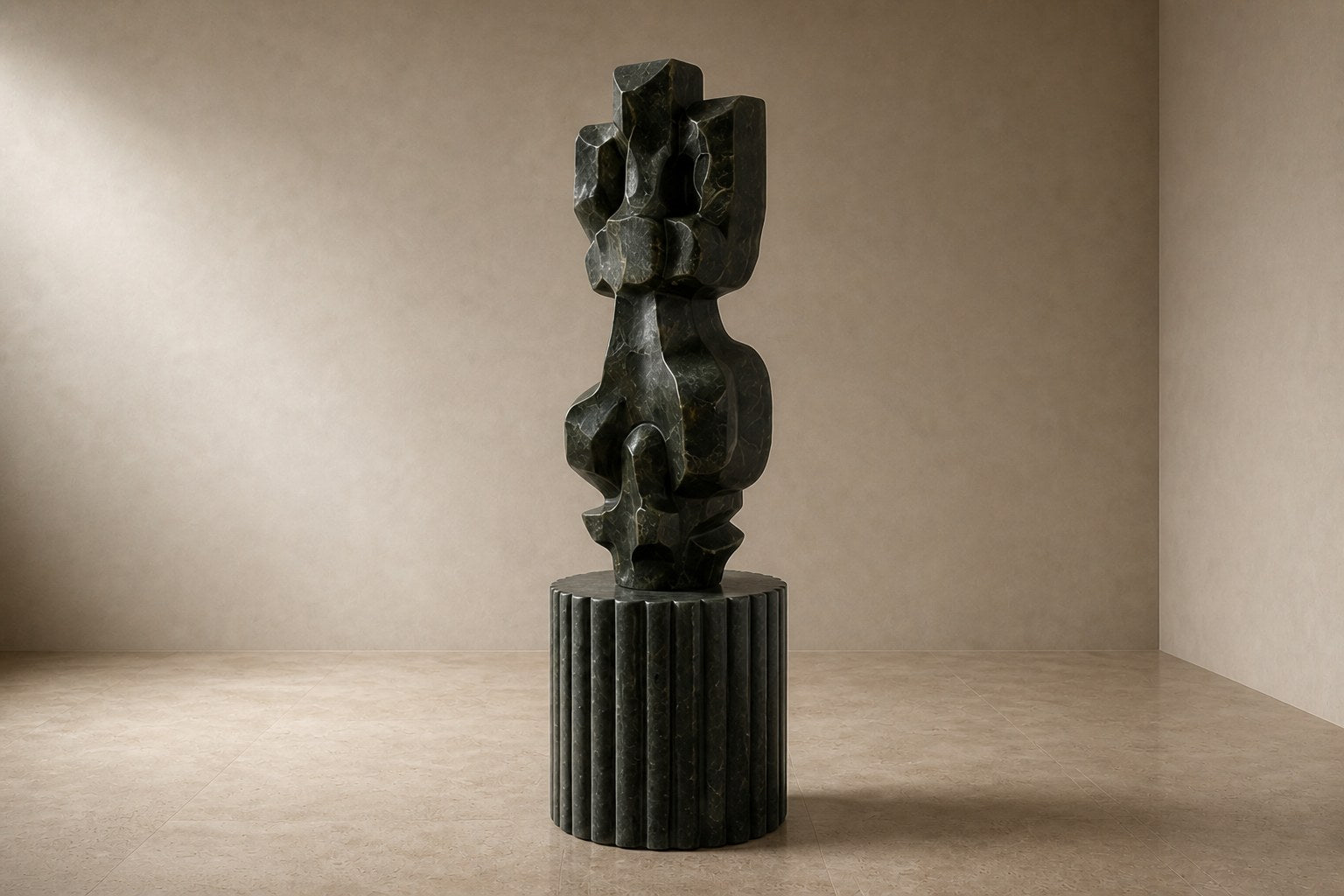 Deep green marble sculpture Almach, a column of stacked interlocking carved blocks on a fluted green marble drum plinth.