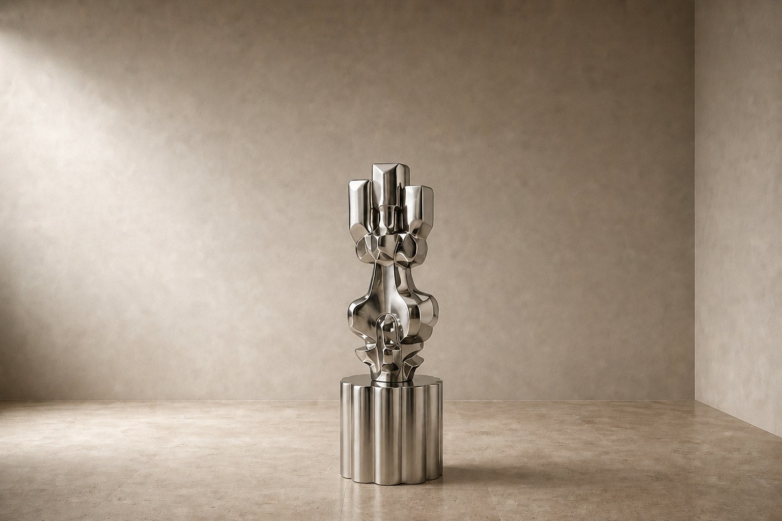 Brushed stainless steel sculpture Alphard, a column of stacked interlocking blocks, on a fluted brushed steel drum plinth.