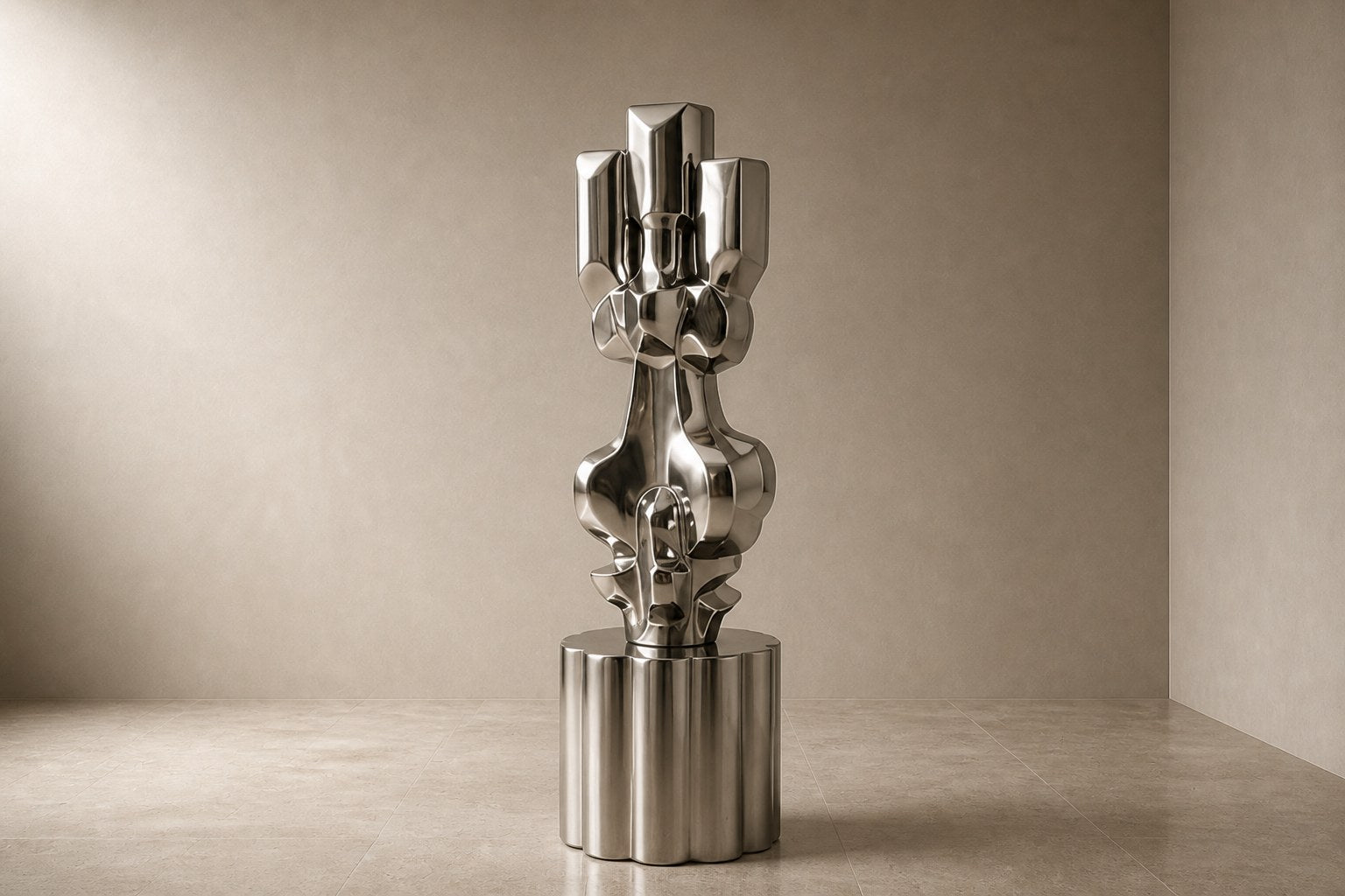 Brushed stainless steel sculpture Alphard, a column of stacked interlocking blocks, on a fluted brushed steel drum plinth.