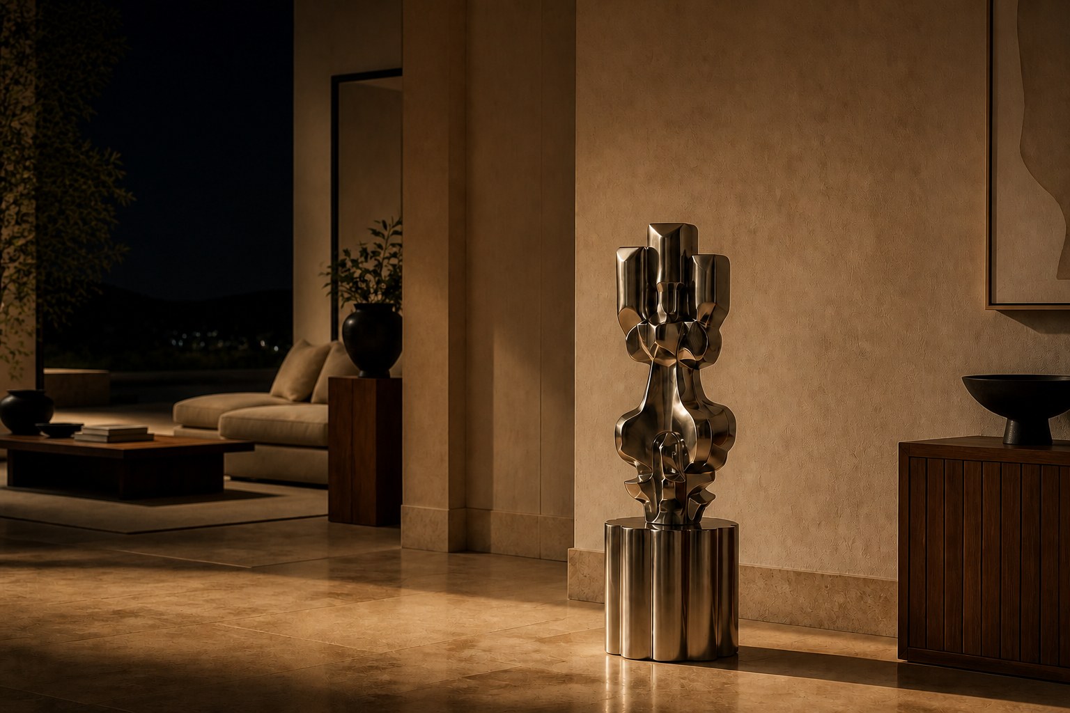 Brushed stainless steel sculpture Alphard, a column of stacked interlocking blocks, on a fluted brushed steel drum plinth.