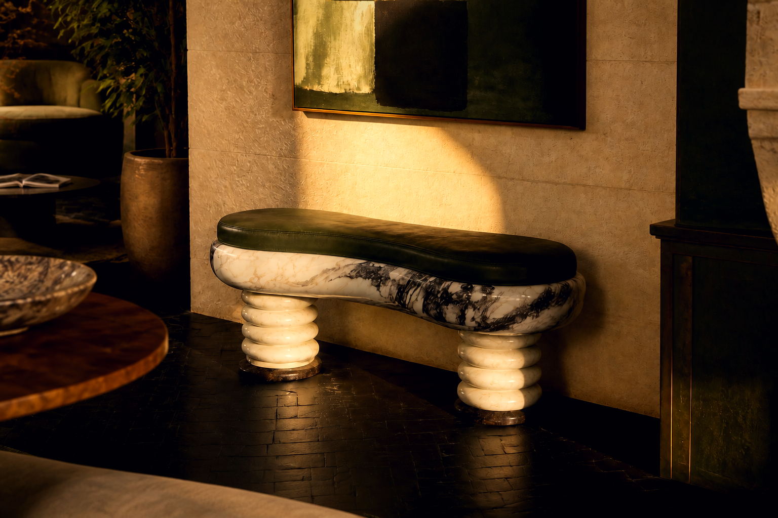 Ozio — green marble sculptural bench by 1-OPH