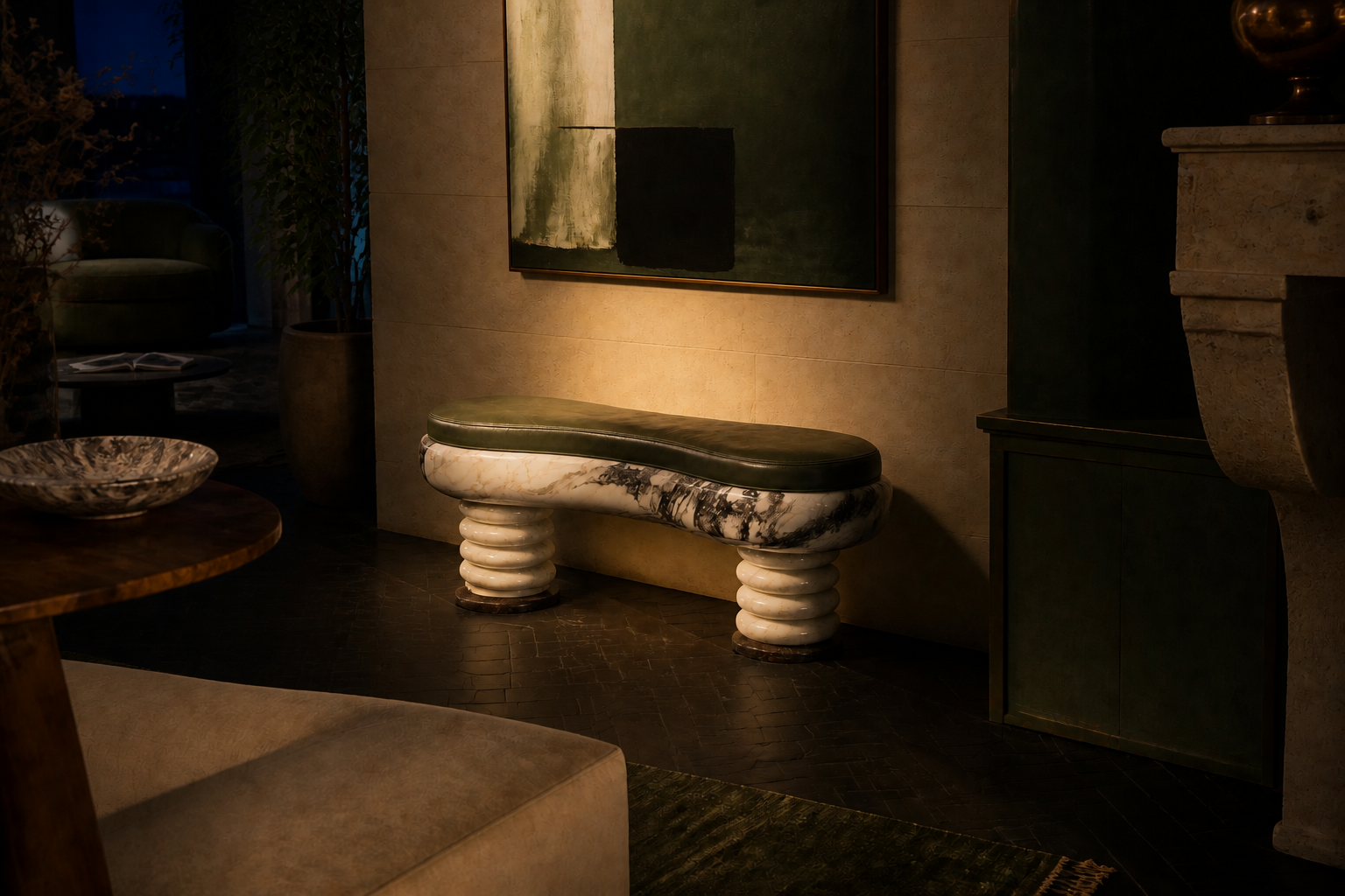 Ozio — green marble sculptural bench by 1-OPH