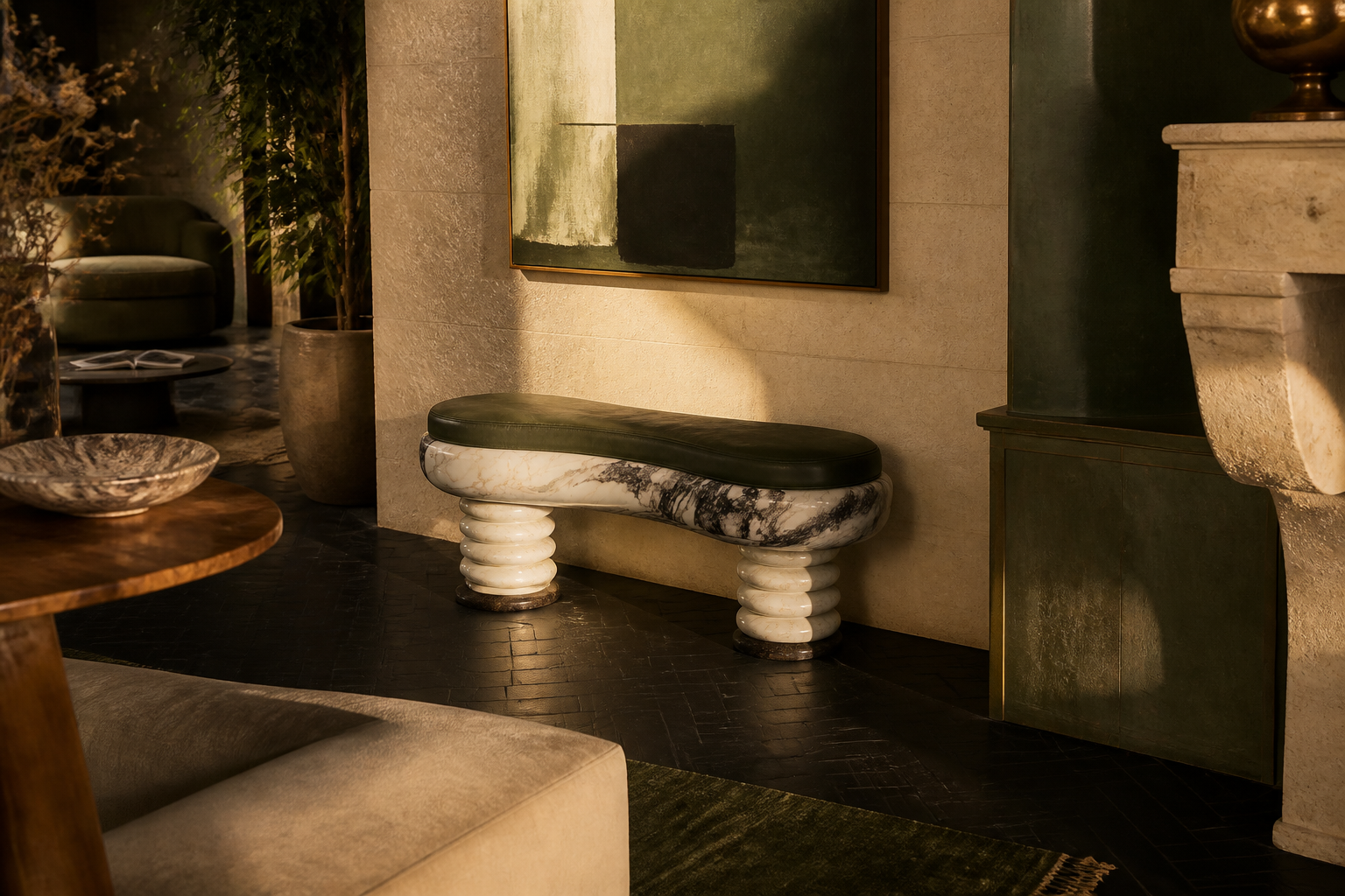 Ozio — green marble sculptural bench by 1-OPH