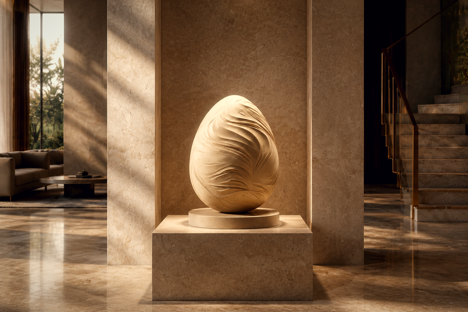Initia — Limestone egg sculpture by 1-OPH