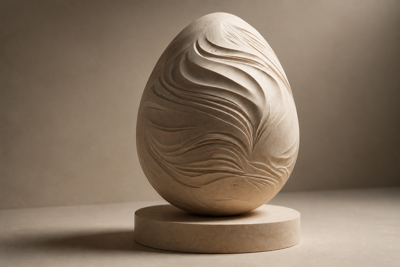 Initia — Limestone egg sculpture by 1-OPH