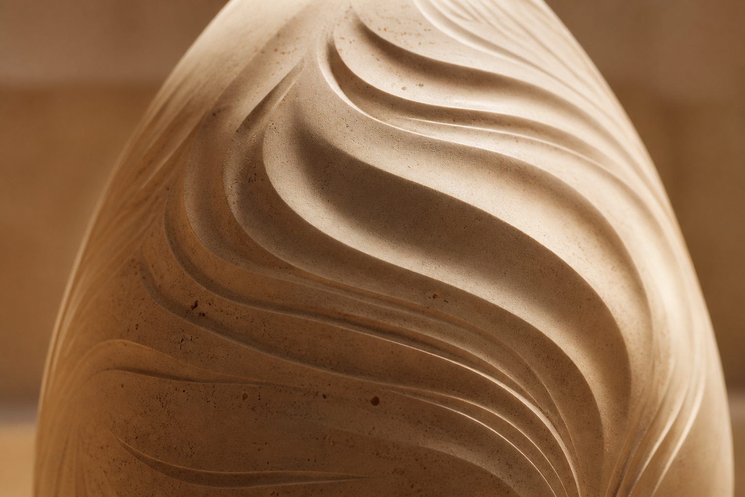 Initia — Limestone egg sculpture by 1-OPH