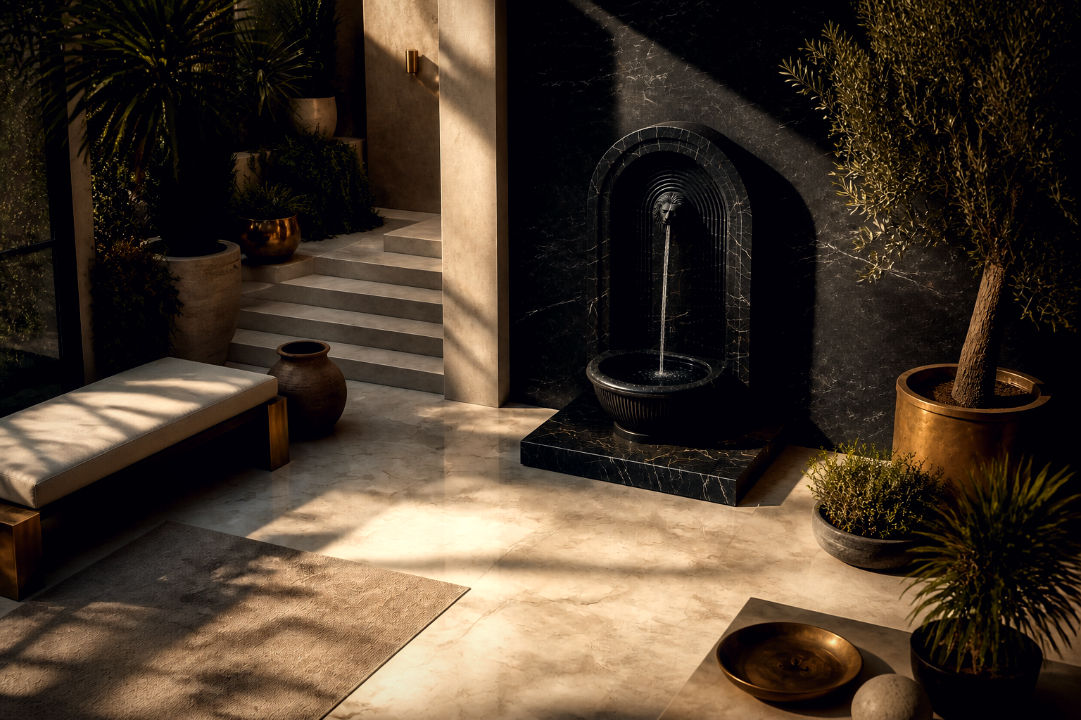 Tsuyu — nero marquina marble wall fountain by 1-OPH
