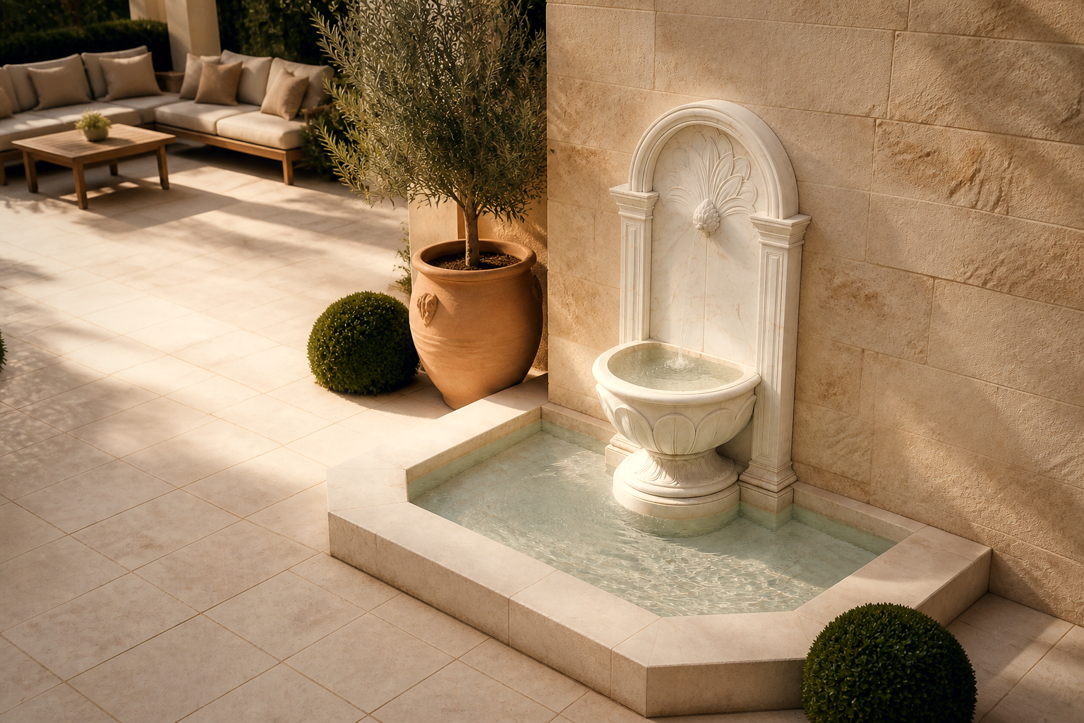 Raheeq — white marble wall fountain by 1-OPH