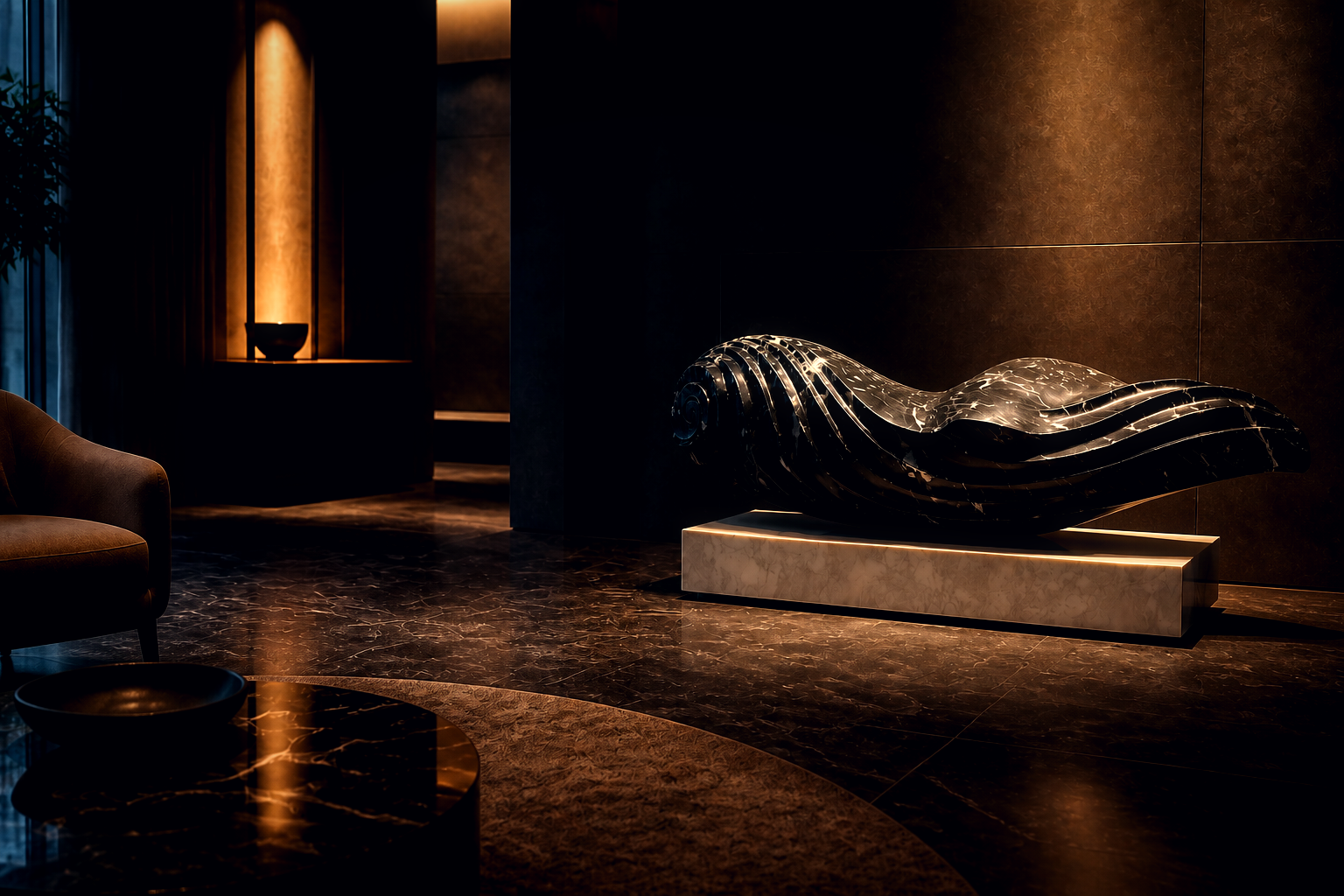 Albali — Nero Marquina marble on white marble sculpture by 1-OPH