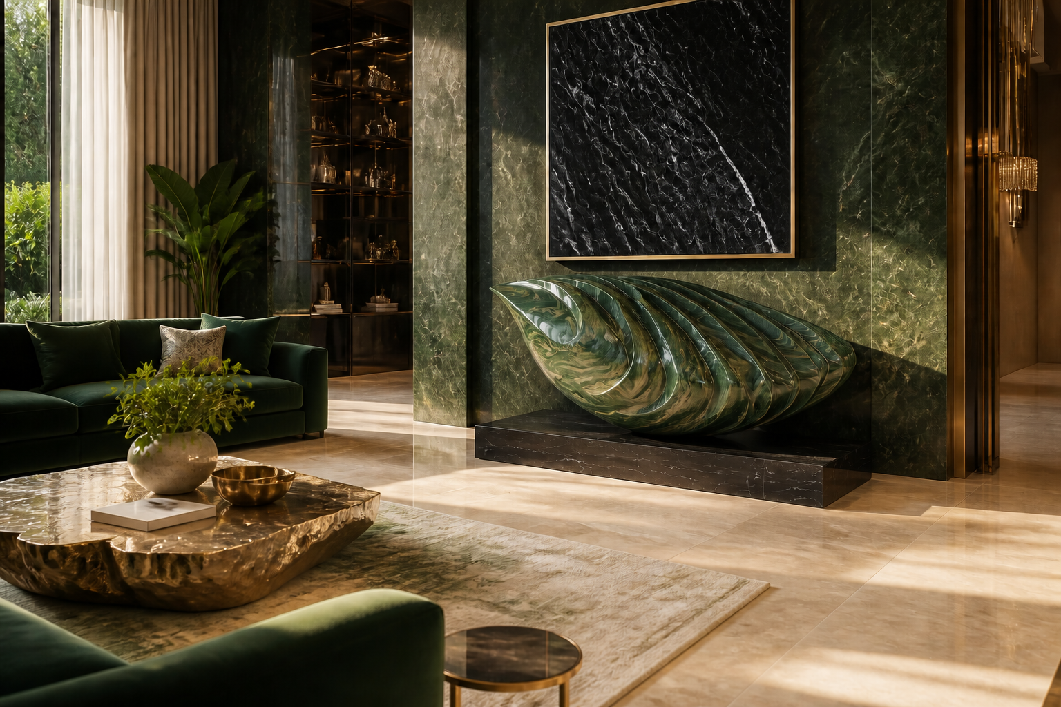 Nashra — Green marble on Nero Marquina marble sculpture by 1-OPH
