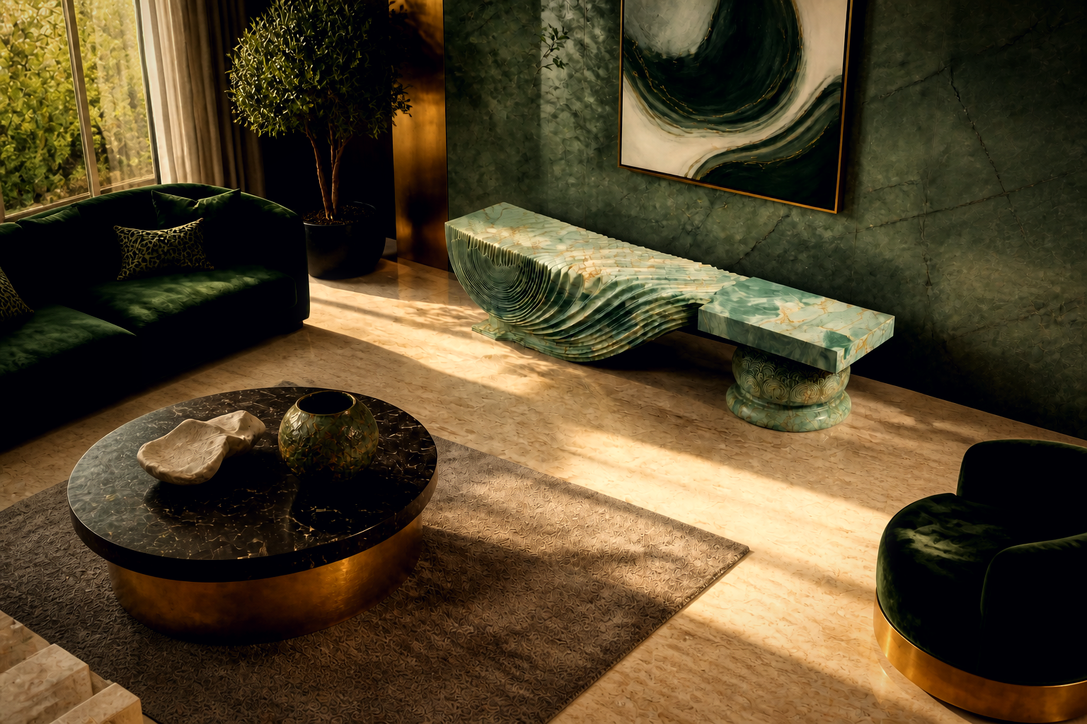 Morara — green marble sculptural bench by 1-OPH