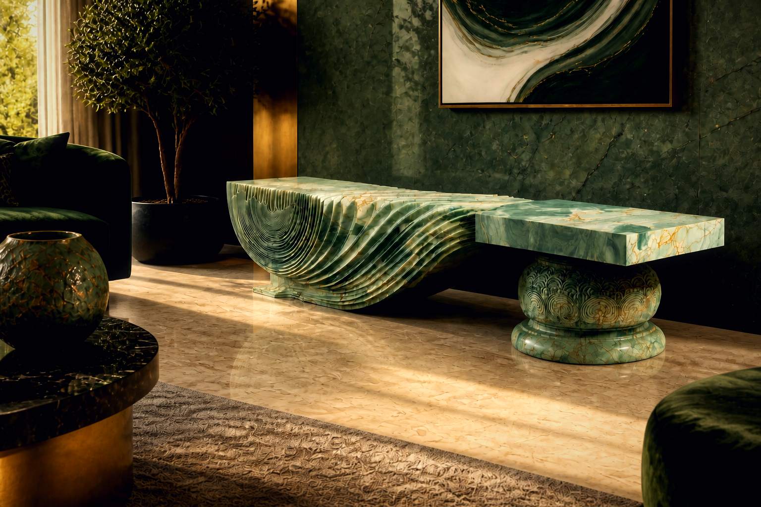 Morara — green marble sculptural bench by 1-OPH