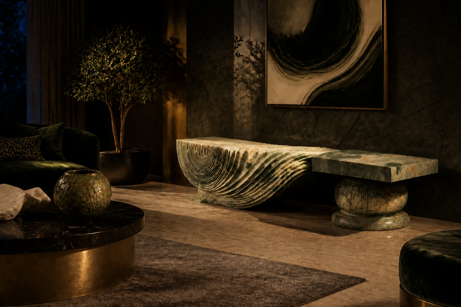 Morara — green marble sculptural bench by 1-OPH