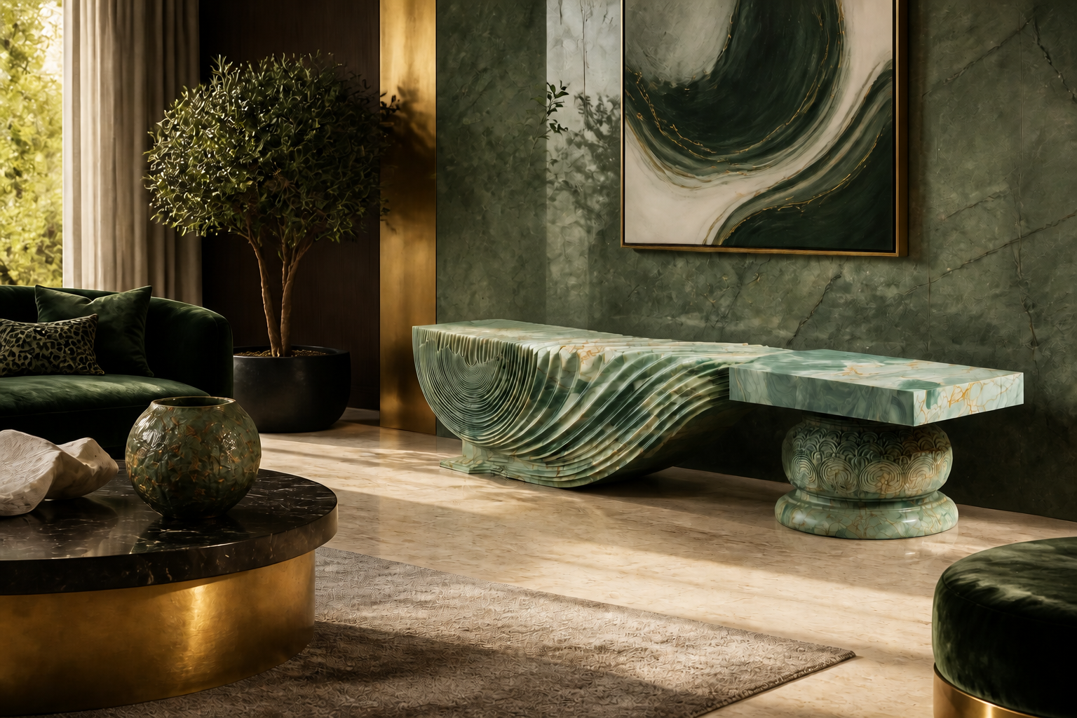Morara — green marble sculptural bench by 1-OPH