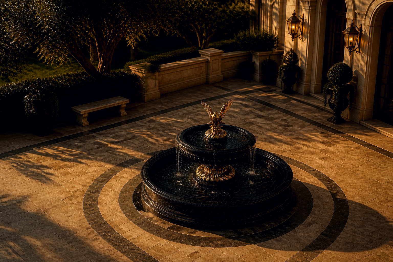 Scala black marble tiered fountain by 1-OPH, in a Dubai courtyard setting