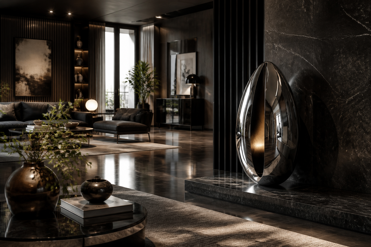 Aladfar — Black-chromed steel sculpture by 1-OPH