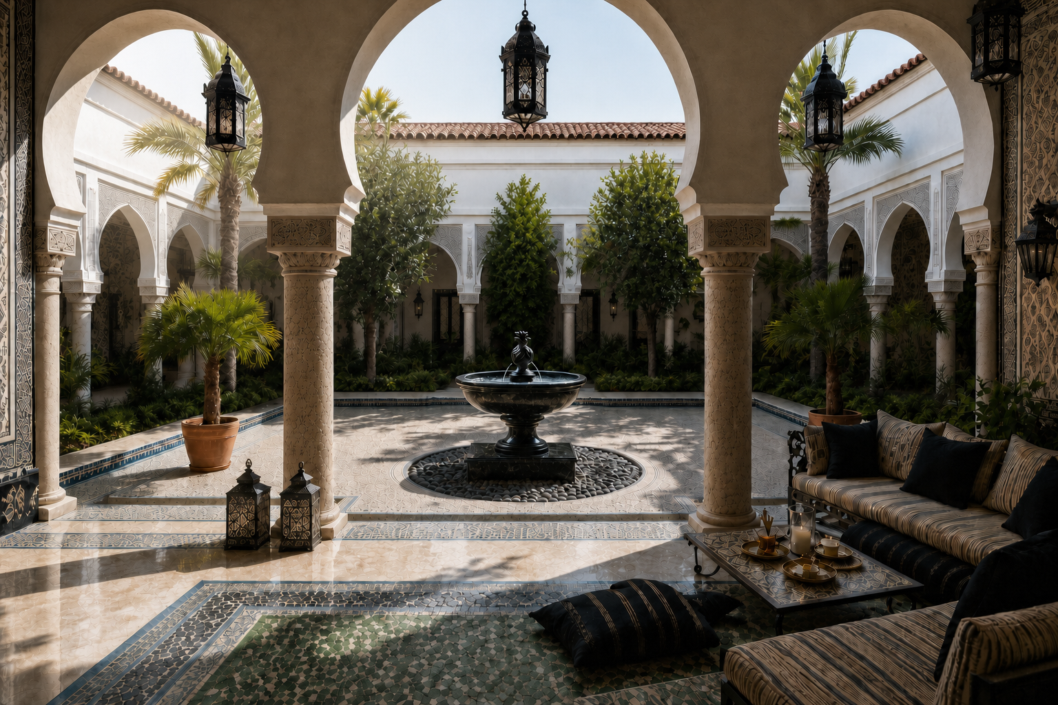 Terrazza black marble tiered fountain by 1-OPH, in a Dubai courtyard setting