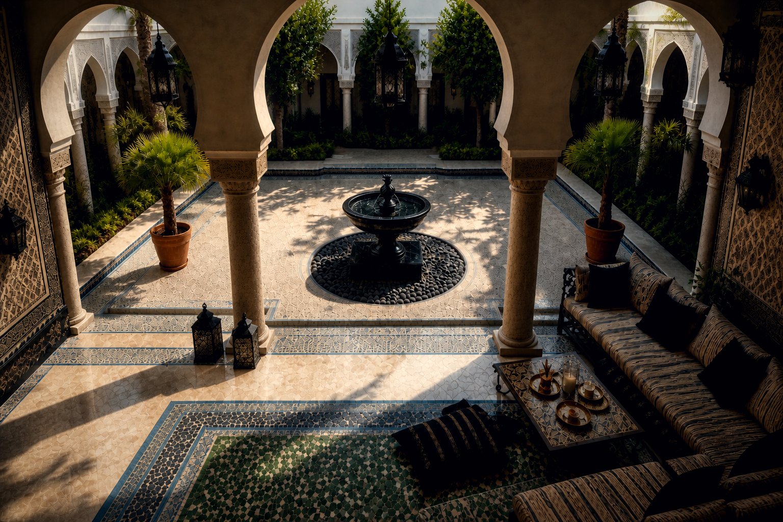 Terrazza black marble tiered fountain by 1-OPH, in a Dubai courtyard setting