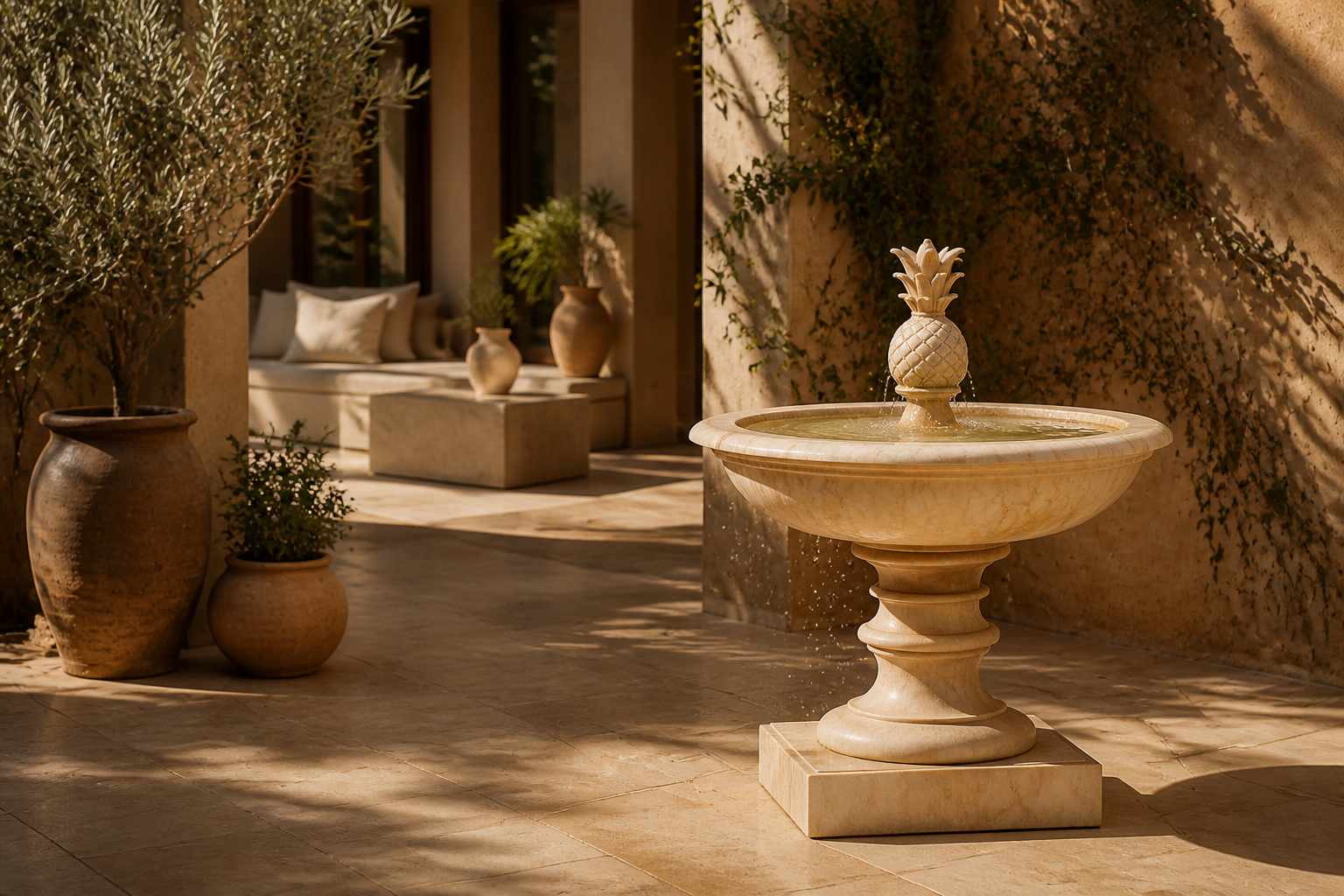 Cortile travertine tiered fountain by 1-OPH, in a Dubai courtyard setting