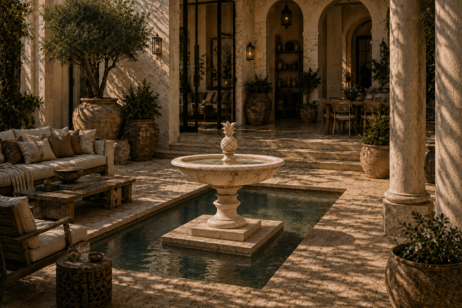 Cortile travertine tiered fountain by 1-OPH, in a Dubai courtyard setting