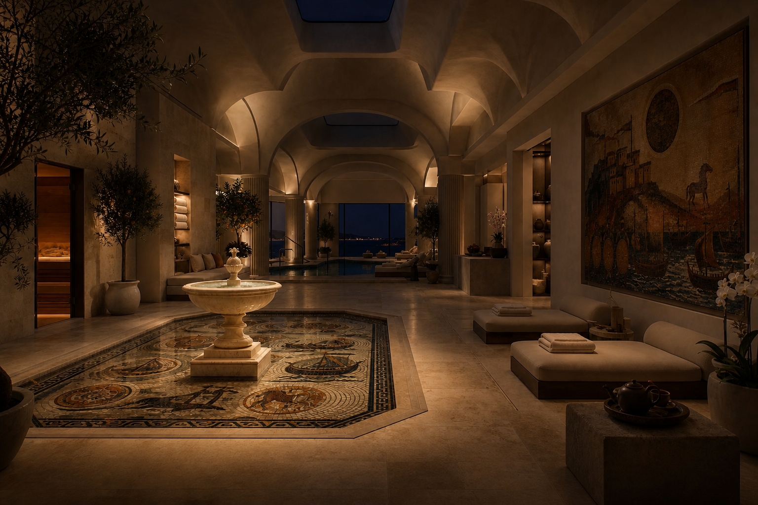 Cortile travertine tiered fountain by 1-OPH, in a Dubai courtyard setting