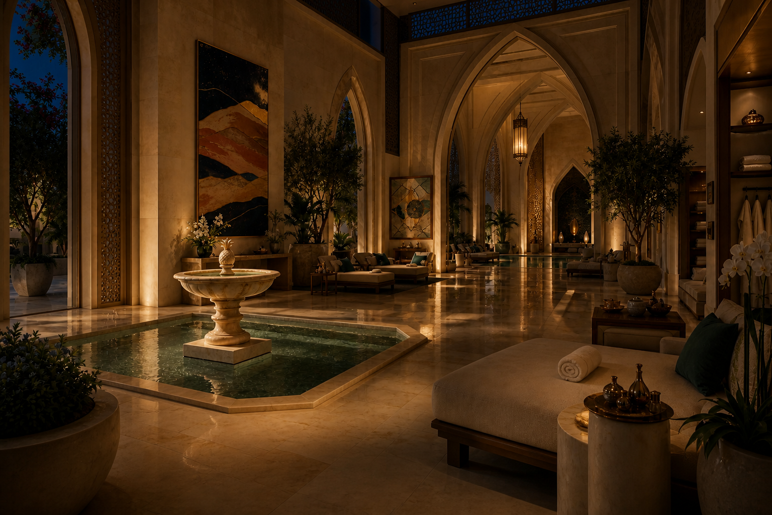 Ravello cream stone tiered fountain by 1-OPH, in a Dubai courtyard setting