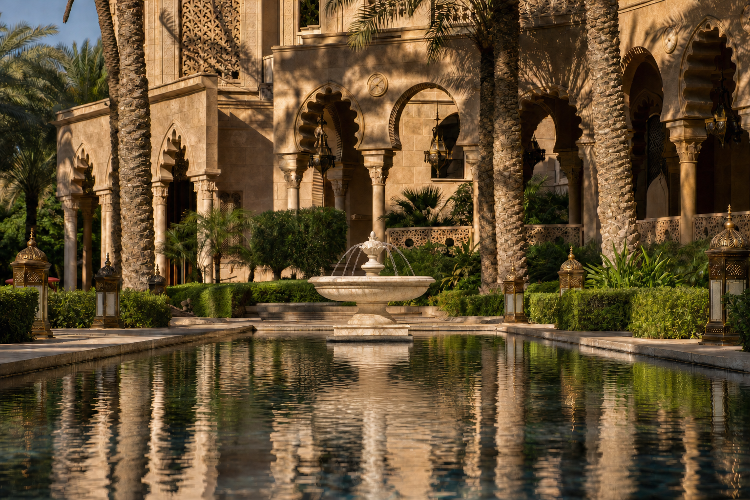 Nemi cream stone tiered fountain by 1-OPH, in a Dubai courtyard setting