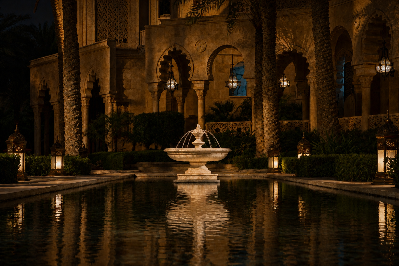 Nemi cream stone tiered fountain by 1-OPH, in a Dubai courtyard setting