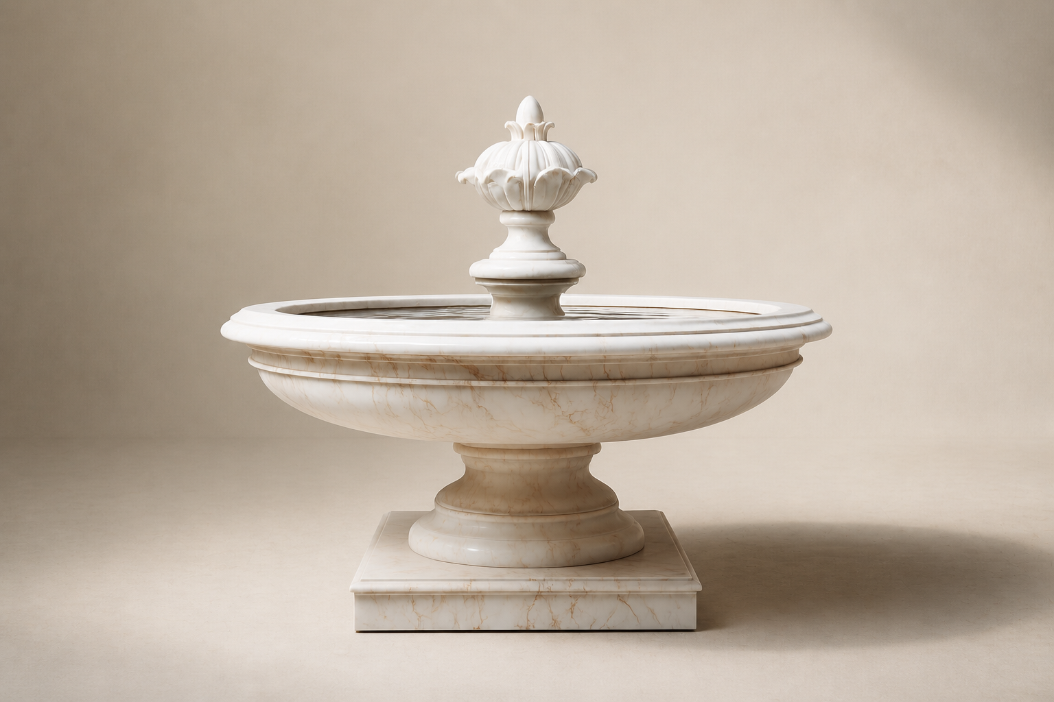 Nemi cream stone tiered fountain by 1-OPH, in a Dubai courtyard setting