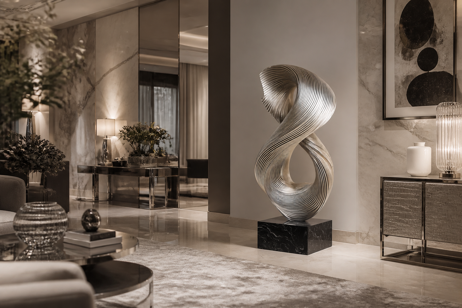 Tarazed — Stainless steel on Nero Marquina marble sculpture by 1-OPH