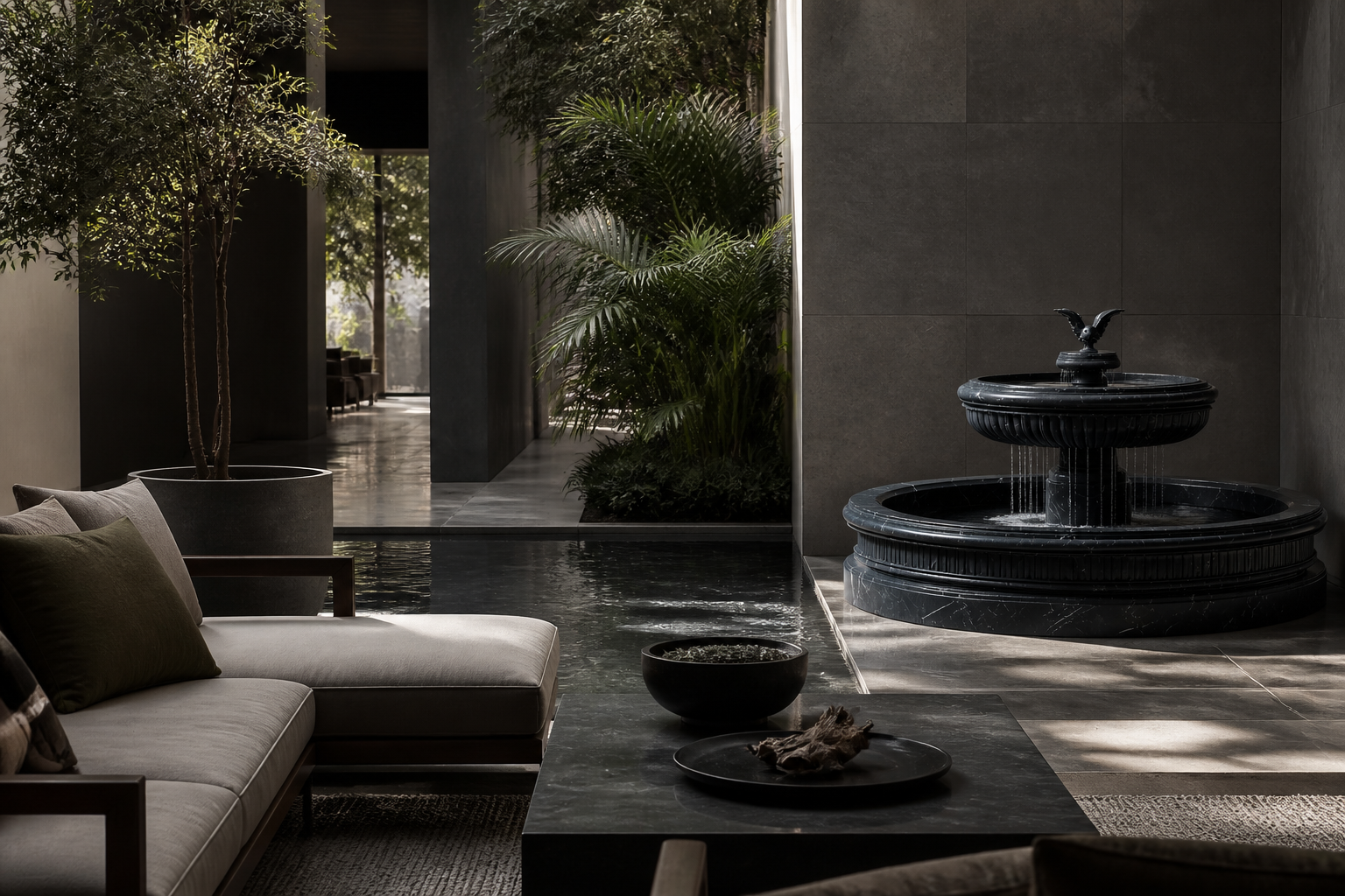 Cascata nero marquina marble tiered fountain by 1-OPH, in a Dubai courtyard setting