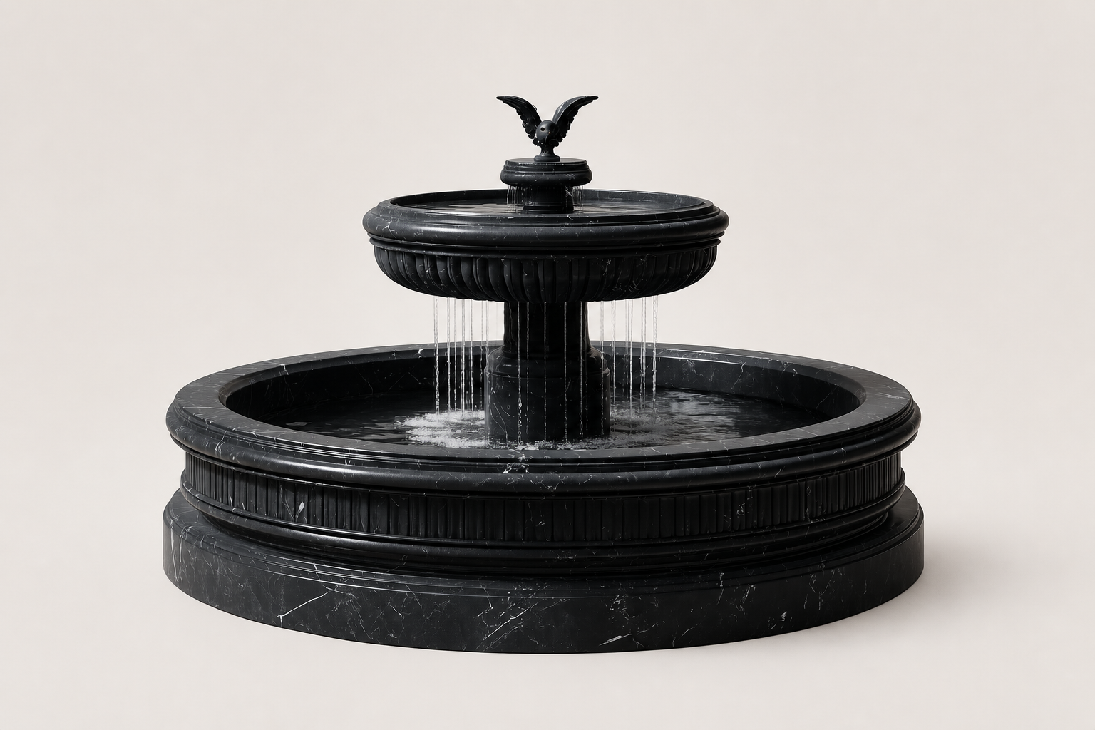 Cascata nero marquina marble tiered fountain by 1-OPH, in a Dubai courtyard setting