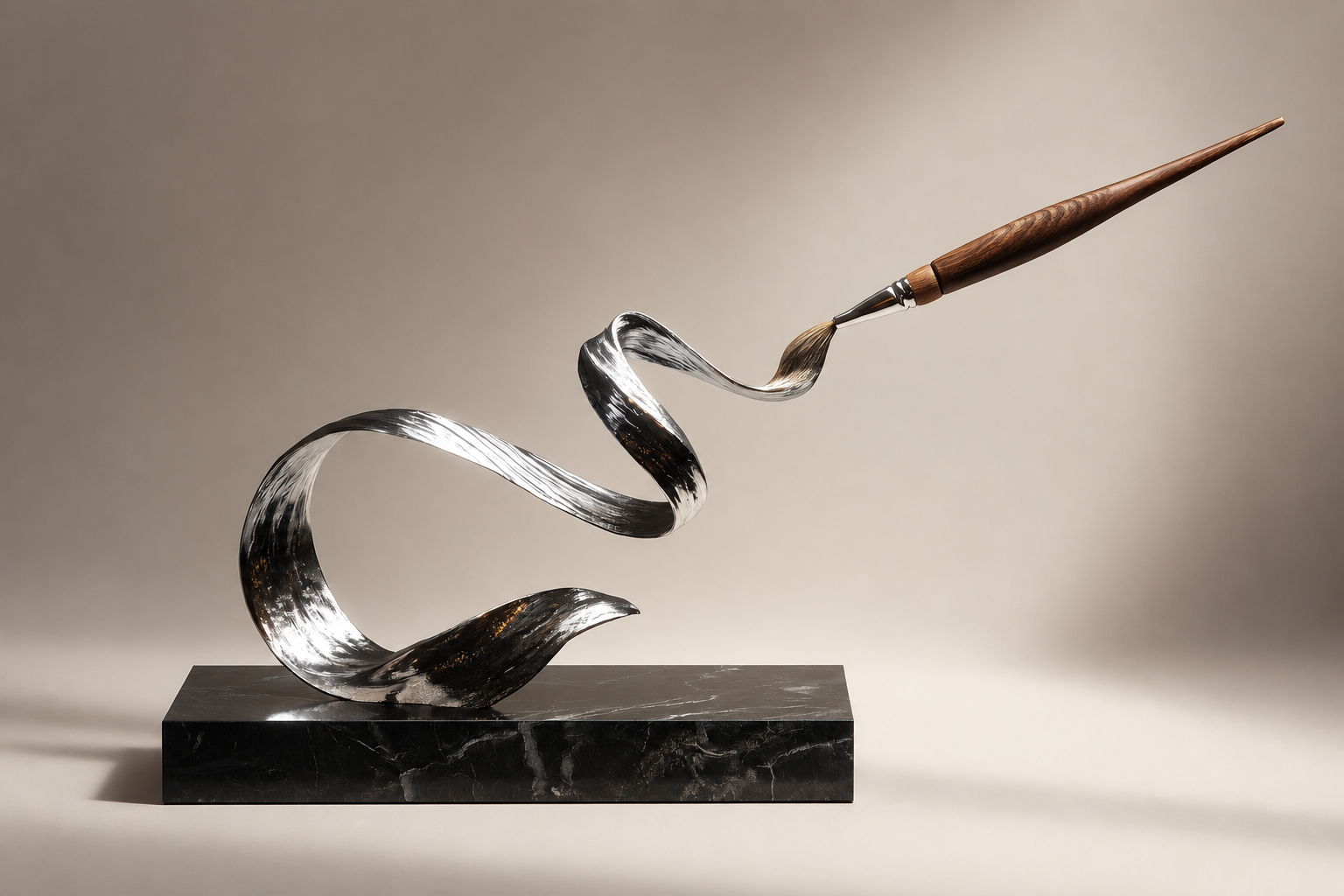 Elnath — Stainless steel and wood on Nero Marquina marble sculpture by 1-OPH